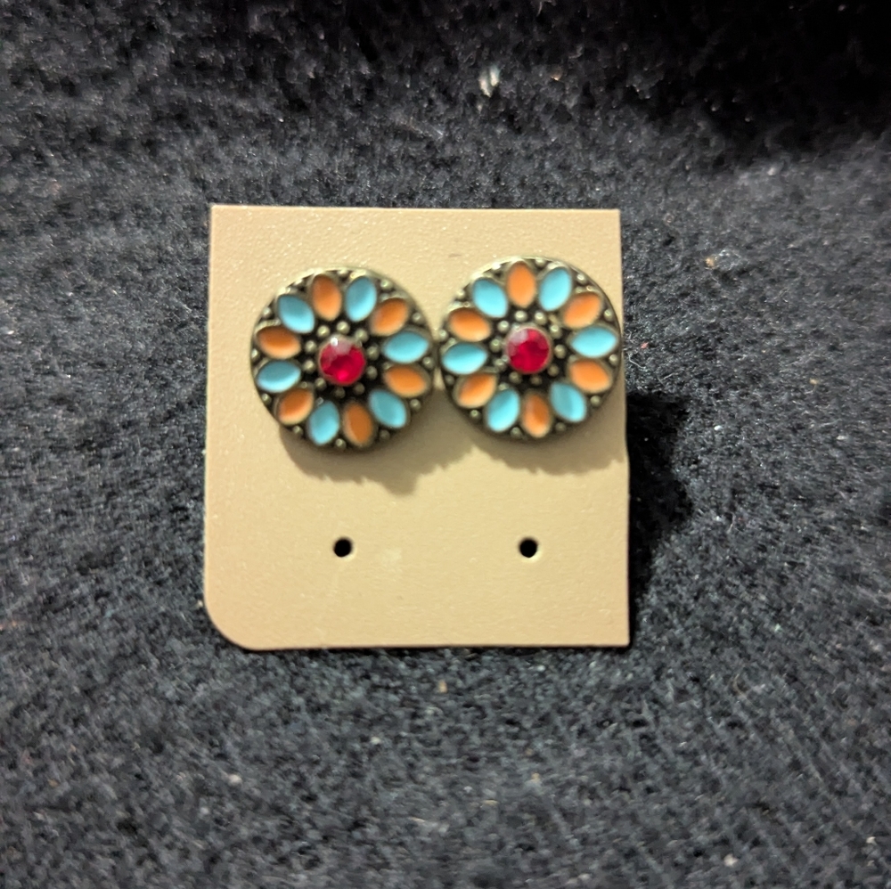 Silvertone Red Rhinestone Blue Orange Enamel Mandala Floral Statement Earrings